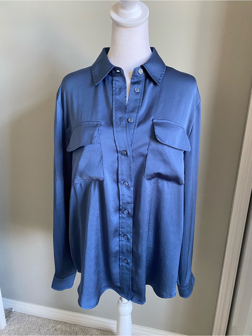 Alfani Royal Blue Satin Button-Front Shirt